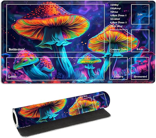for MTG Playmat with Zones Storage Bag,for TCG Playmat and Playing Card Mat for Magic Board Games, Colorful Moushroom Non Slip Stitched Edges Game Mat, Rollable Foldable Card Playmats