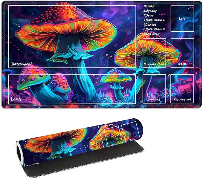 for MTG Playmat with Zones Storage Bag,for TCG Playmat and Playing Card Mat for Magic Board Games, Colorful Moushroom Non Slip Stitched Edges Game Mat, Rollable Foldable Card Playmats