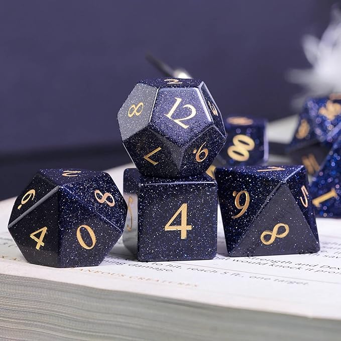 UDIXI Stone D&D Dice Set 7PCS Blue Sandstone Gemstone DND Dice with Leather Gift Box for Dungeons and Dragons Role Playing Game and Other Tabletop Games