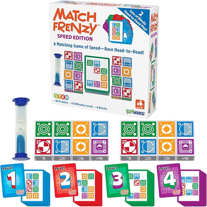 Funwares Match Frenzy: Portable Pattern Matching Puzzle Game, Family Mini Board Games, Perfect for Travel & Home Play, Road Trip Activities for Kids and Adults, Quick Set-Up - 2-Player