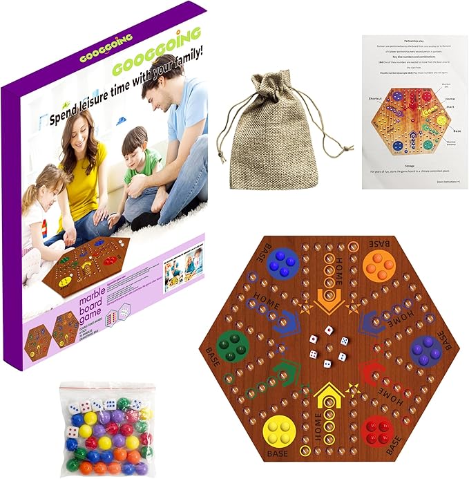 Wooden Board Game, Board Game Original Marble Game Double Sided Painted 2 to 6 Player Fast Track Wooden with 6 Colors 24 Marbles 6 Dice for Adults Kids Family(24 INCH Flame)