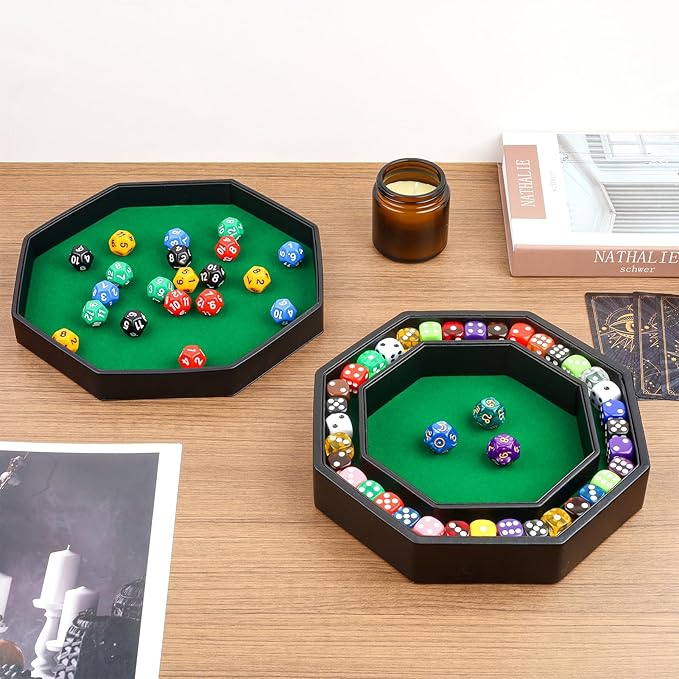 Dice Tray With Lid for Board Games, Green Felt Lined PU Leather Octagon Rolling Tray and Box Storage