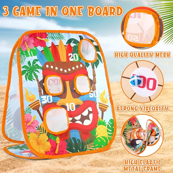 Bessmoso Luau Party Bean Bag Toss Games Hawaiian Tiki Party Games Double-Sided Collapsible Cornhole Board for Summer Tropical Party Family Outdoor Indoor Yard Kindergarten Party Games
