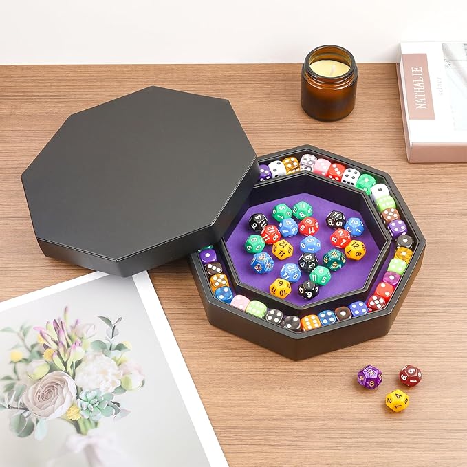 Dice Tray with Lid for Board Dice Games, Purple Felt Lined PU Leather Octagon Dice Rolling Tray and Box Storage for Dice