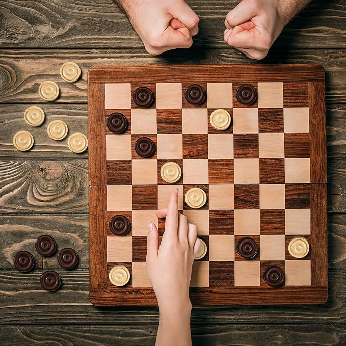 Classic Wooden Checkers Stackable Pieces, Backgammon Pieces, Set of 30 Checkers Pieces, 5 Dice, 2 Drawstring Storage Bags, Checkers (1.2 W X 0.4 H) Inches, Brown+Wood