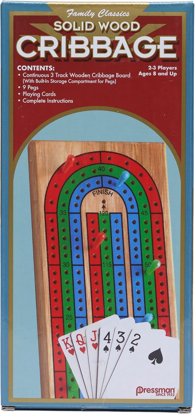 Family Classics Cribbage - Solid Wood Continuous 3 Track Board with Built-In Storage Compartment for Pegs