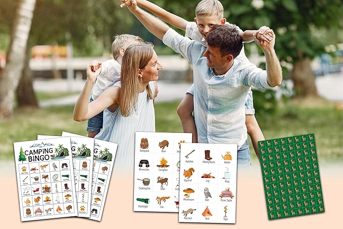 Camping Bingo Cards, Campground Activity for Adults, Camp Theme Game for 24 Players, Outdoor Adventure Bingo Game Cards, Camping Party Favors Supplies Decorations(A01)