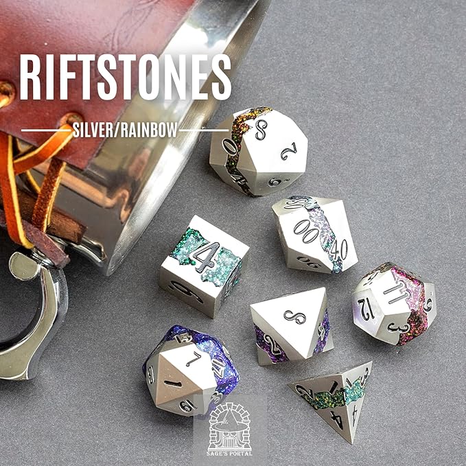 Sage's Portal Metal Riftstone DND Dice 7-PC Polyhedral Dice Set for DND TTRPG Dungeons and Dragons Pathfinder Oversized Designer Dice (Pearl Silver/Rainbow)
