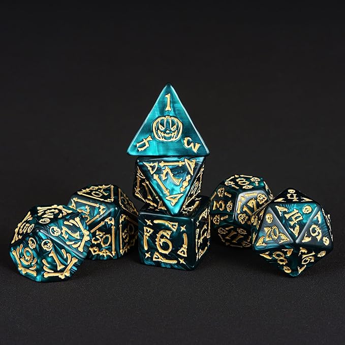 7-Die DND Dice Set Halloween Pattern Polyhedral Die Set with Leather Bag, Skull Dice D&D Die for Dungeons and Dragons RPG Table Games (Halloween Pattern-Green)