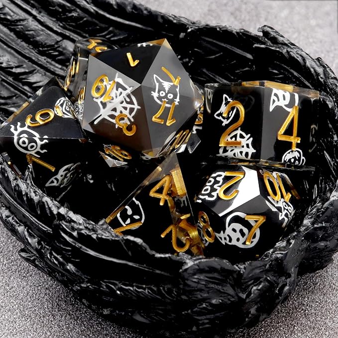 Haxtec Sticker Sharp Edge Dice Halloween Dice Resin DND Dice Set 7PCS Glow in The Dark Polyhedral D&D Dice for Dungeons and Dragons