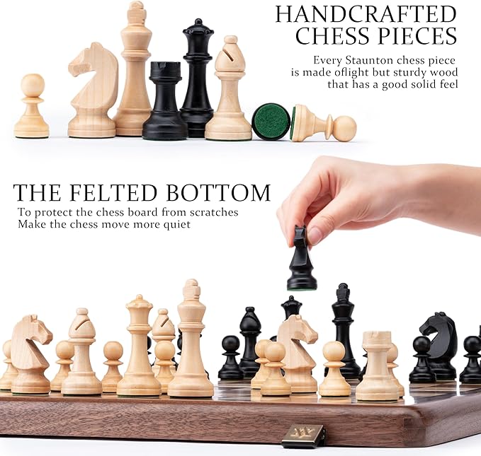 A&A Premium Natural Walnut Folding Chess Board Game Set, 15" Wooden Chess Board & 3" King Height Staunton Chess Pieces with 2 Extra Queens, Portable Travel Chess Set with Storage Bag for Adults & Kids