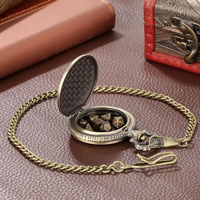 Mini DND Dice Set with Double Headed Dragon(Top Double-Sided Axe) Pocket Watch Case, 7-PCS Polyhedral Metal D&D Dice, DND Gifts with Gift Box, Role Playing Game Board Game Accessories Dice, Bronze