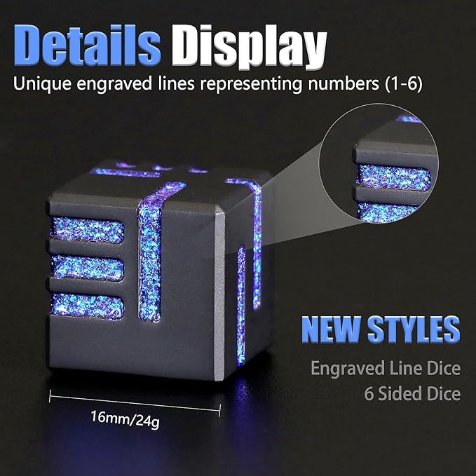 D6 Metal Dice, 16mm 6 Sided Dice Set, ZHOORQI 6Pcs/Set Tech-Themed New Concept Glittery Lines D6 Dice for DND, Tabletop RPGs Gifts（D6-Glitter Blue）