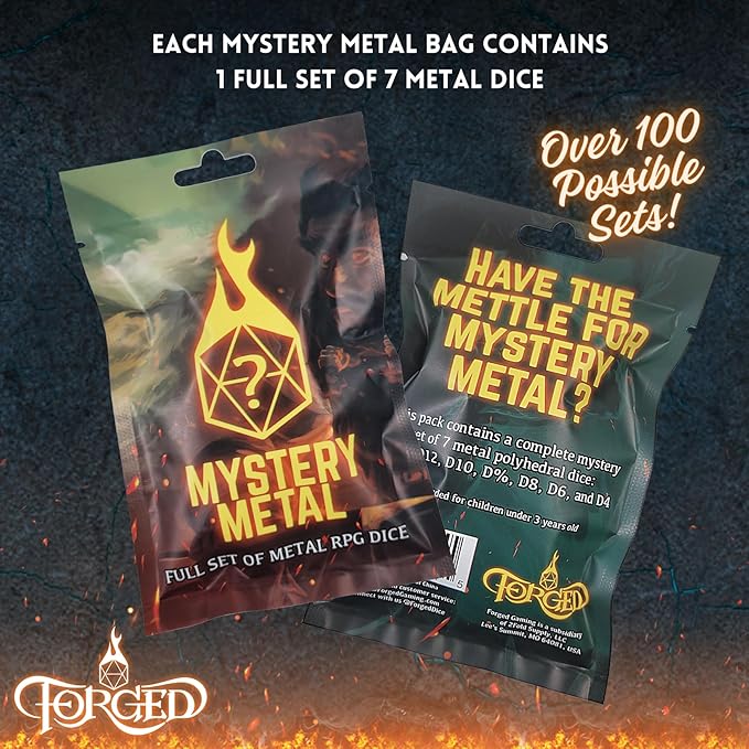 Forged Dice Co. Mystery Dice Bag DND Dice Set Blind Surprise Bag - Contains 1 Complete Set of 7 Metal Dice D4, D6, D8, D10, D12, D20, D% for RPG Board Game and DND Accessories