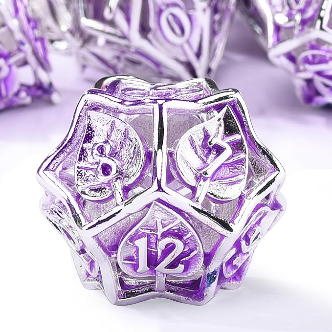 AUSTOR Metal Maple Leaf DND Dice Set 7 Pieces Hollow Polyhedral Dice D20 D12 D10 D% D8 D6 D4 Copper Dice with Metal Box for Dungeons & Dragons RPG Board Games (Violet & Silver)