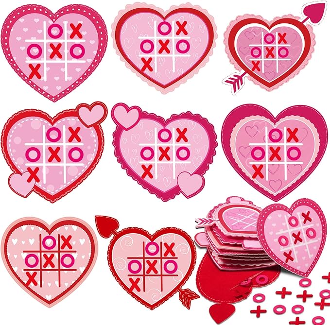 24 Pack Valentines Day Tic Tac Toe Game Strategic Board Felt with Storage Bags Valentine's Day Games Classroom for Party Favors Goodie Bags Gift Exchange Prizes(Heart)
