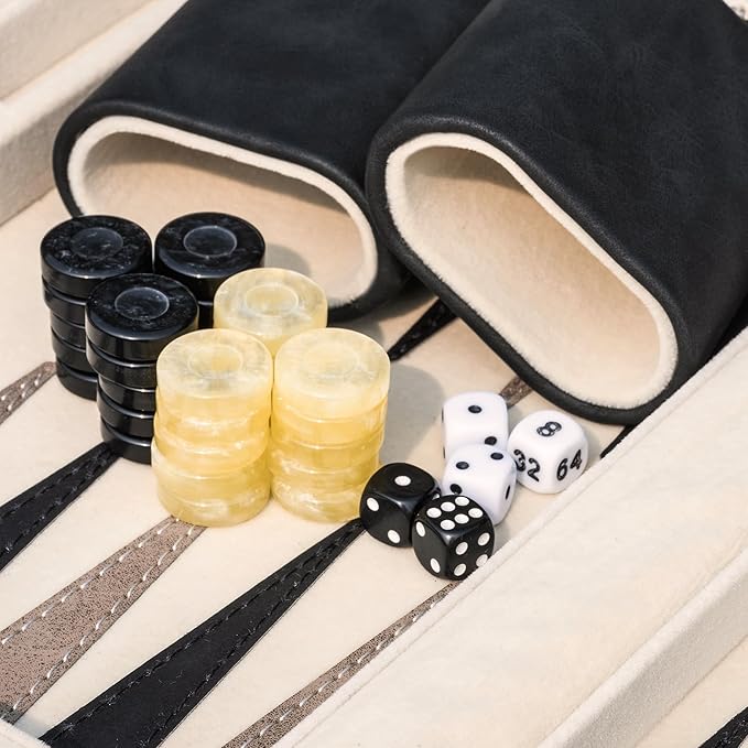 Backgammon Sets for Adults, Classic Board Game with Folding Leather Backgammon Case, Portable Travel Backgammon Game Set (Black)