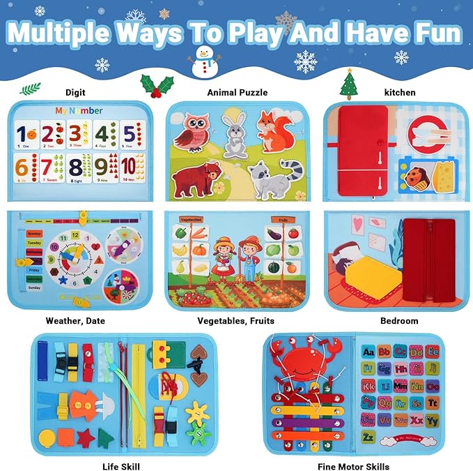 Montessori Busy Board, Baby Busy Book Educational Learning Toys for Toddlers Quiet Book Activity Books Buckle Toy Fine Motor Skills Toys for 1 2 3 4 5 Year Old Kids (Blue)