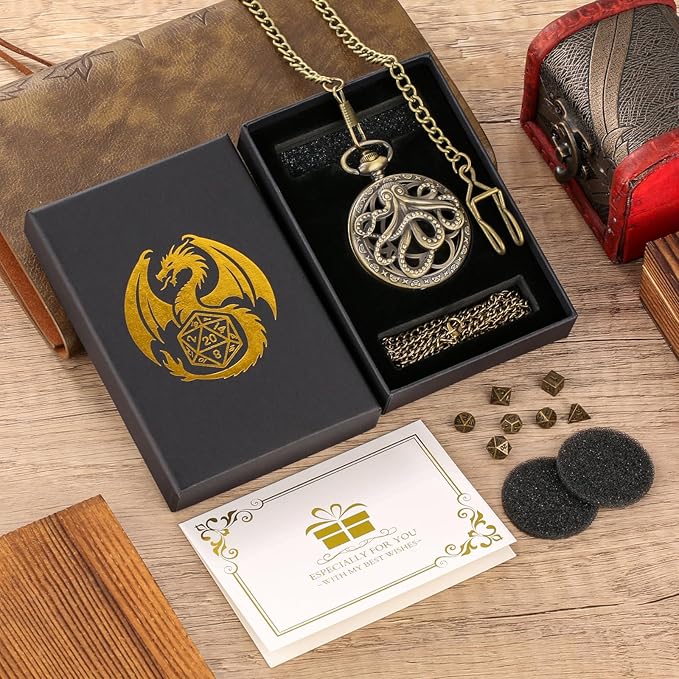 Mini DND Dice Set Steampunk Hollow Octopus Pocket Watch Shell Case, 7pcs Polyhedral Metal D&D Dice Set, DND Gifts with Gift Box for Player, Role Playing Board Games Accessories, Bronze