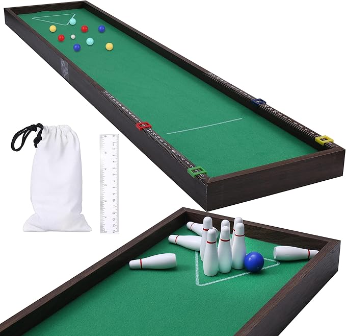 Sterling Games Tabletop Bowling Combo Set, Wooden Arcade Board with Marbles and Pins, Indoor Table Top Game for Kids and Family