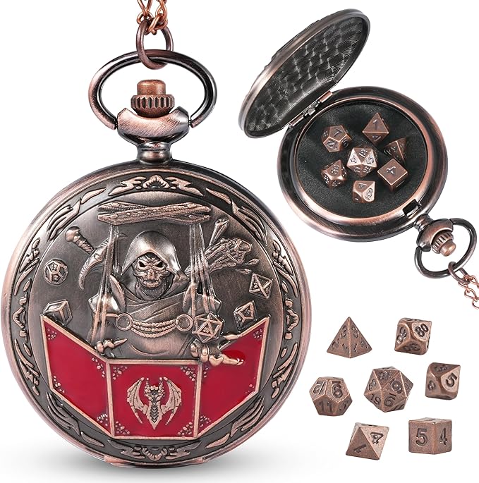 D&D Dice Set,7PCS Metal Dice for Dungeons and Dragons,Mini Dice Set with Pocket Watch Case,Role Playing Board Games Accessories (DM, Copper)