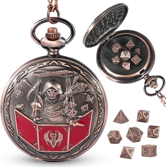 D&D Dice Set,7PCS Metal Dice for Dungeons and Dragons,Mini Dice Set with Pocket Watch Case,Role Playing Board Games Accessories (DM, Copper)