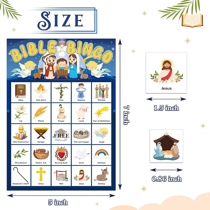 Joy Bang Bible Bingo Games for Kids, Bible Bingo Cards 24 Player Sunday School Crafts for Kids Easter Christian Religious Activities Games Holiday Nativity Party Favors Gifts for Childrens