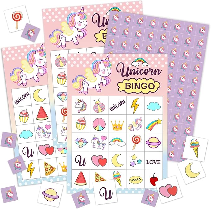 Unicorn Bingo Card Set - Holiday Indoor Outdoor Bingo Game with 24 Players, 5x7 inches Bingo Game Kit, Friends Bingo Game Party Activities Supplies, Festival Gift for Adult Teen -07