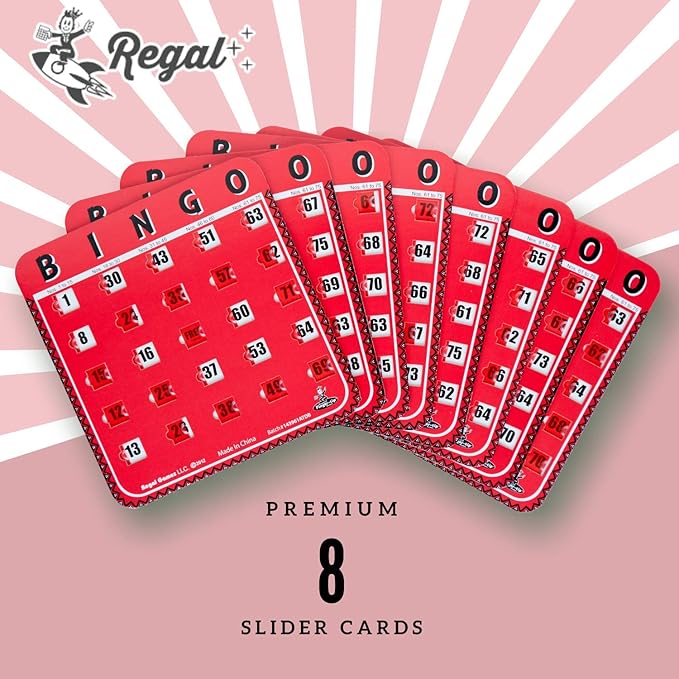 Regal Bingo Bulk Bingo Cards with Sliding Windows - Reusable Large Print Bingo Game Cards for Adults Large Group - 8 Pack, Red