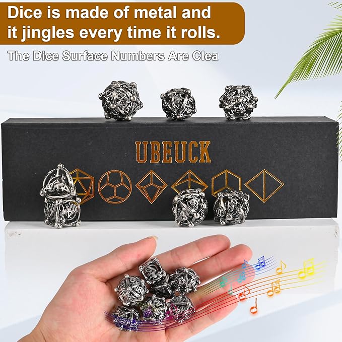 DND Metal Dice Set, UBEUCK 7PCS Gear Metal DND Dice Set for Dungeons & Dragons Board Games Boxes (Antique Nickel dice)