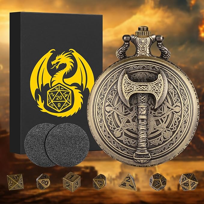 Mini DND Dice Set with Steampunk Barbarian Axe Pocket Watch Shell Case, 7pcs Polyhedral Metal DND Dice Set, D&D Gifts with Gift Box, Role Playing Board Games DND Accessories, Bronze
