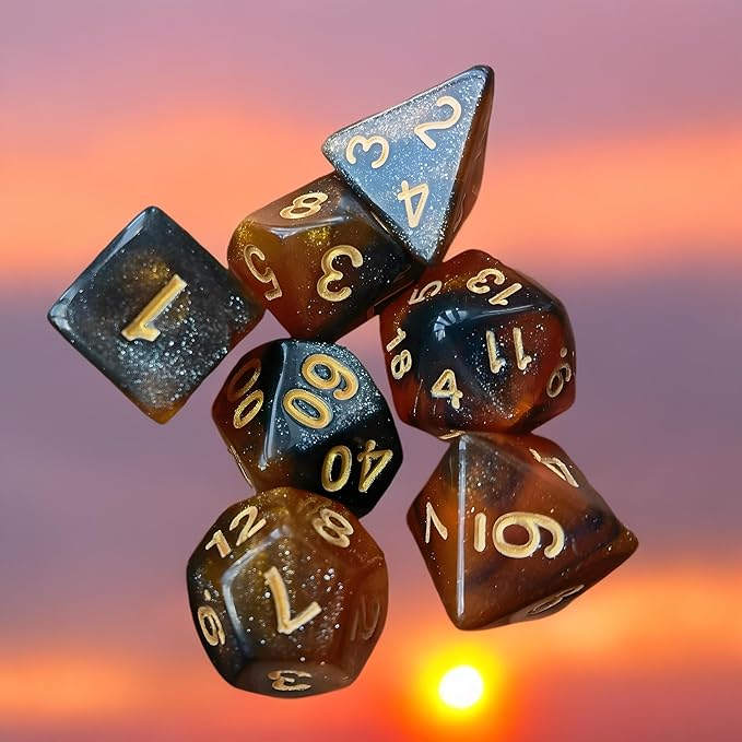 Polyhedral Dice Set, 7 PCS Dice Kit of D4 D6 D8 D10 D% D12 D20 Compatible with Dungeons and Dragons DND TTRPG MTG Table Role Playing Games(Black & Orange Nebula+Glitter)
