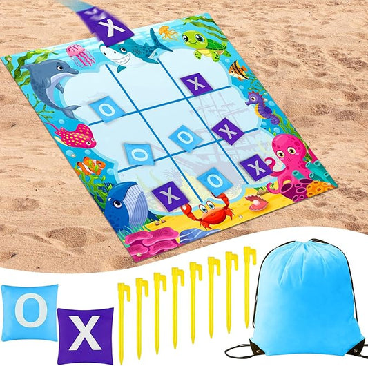 Capoda 20 Pcs Tic Tac Toe Game Set Bean Bag Toss Game Tic Tac Toe Cloth with Bean Bag Storage Pouches Ground Nails for Family Camping Indoor Outdoor Party Toss Games Supplies(Light,Sea Animal)