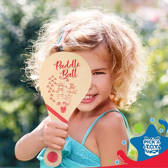 Wooden Paddle Ball (Set of 2) with Red Carry Bag Indoor Outdoor Toy: Fun and Classic Paddleball Game for Boys and Girls, Party Favor Toys Ages 4+