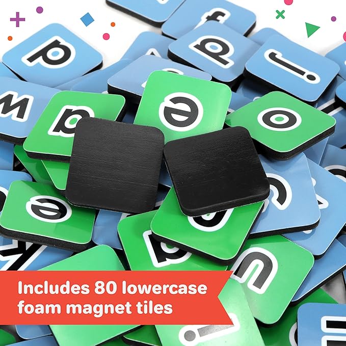 Barnacle Toys Lunchbox Letter Tiles & Games for Kids Ages 4-8, 80 Magnetic Letters, 20 Literacy Games, Spelling Board