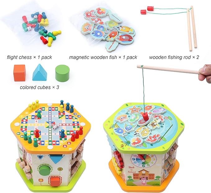 LAVIEVERT 9-in-1 Wooden Play Cube Activity Center Multifunctional Bead Maze Shape Sorter Educational Toys Game for Toddlers & Kids