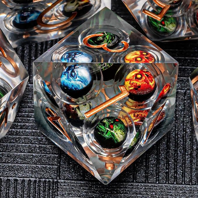 DND Resin Dice Skulls Dice Set 22-32mm Large Sharp Edged Dice with Box, Dungeons and Dragons Polyhedral D&D Role Playing Board Game D&D Dice Set D20 D12 D10 D8 D6 D4(Colorful Skulls)