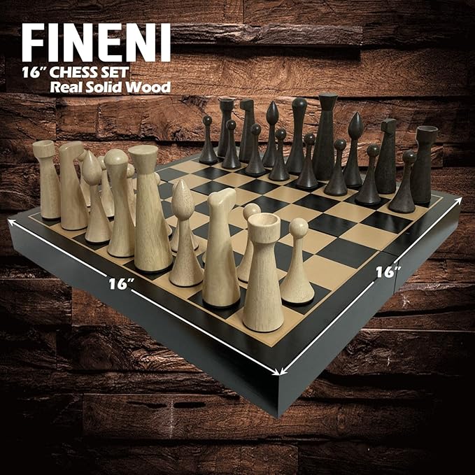 Luxurious 16 inch Real Luxurious Dark Colored Solid Wooden Chess Set. Durable Handmade Chess Board Game Sets with Storage Slots for 4.2” Weighted & Elegant Designed Wooden 34 Pieces (C16D)