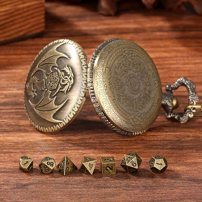 Mini DND Dice Set with Steampunk Dragon Pocket Watch Shell Case, Tiny 7pcs Polyhedral Metal D&D Dice, DND Gifts with Gift Box Greeting Card, Role Playing Board Games Accessories