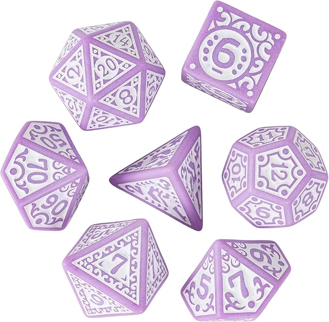7-Die DND Dice Set New Pattern Polyhedral Dice Set with Leather Bag D&D Dice Set for Dungeons and Dragons RPG MTG Table Games(Purple White)