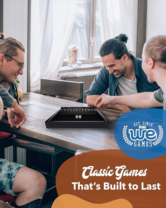 WE Games Wooden Shut The Box - Close The Box Set Pub Game with 12 Number Tiles & 2 Dice Games - 13.5” Black Stained Finish, for Adults