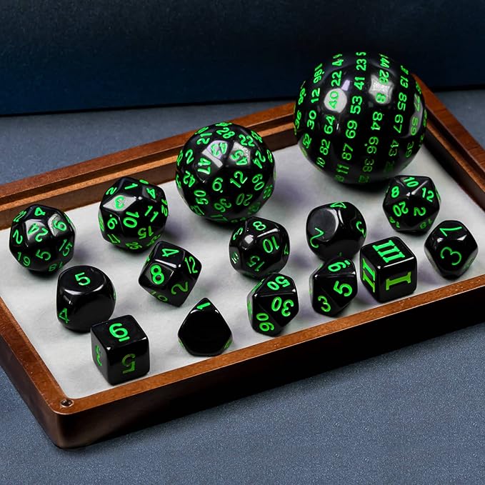 15 Pieces Complete Polyhedral DND Dice Set D3-D100 Spherical D&D Dice Set with Dragon Eye Dice Bag, D100 Dice for Dungeons and Dragons, RPG, MTG Table Games(Black w/Green Numbers)