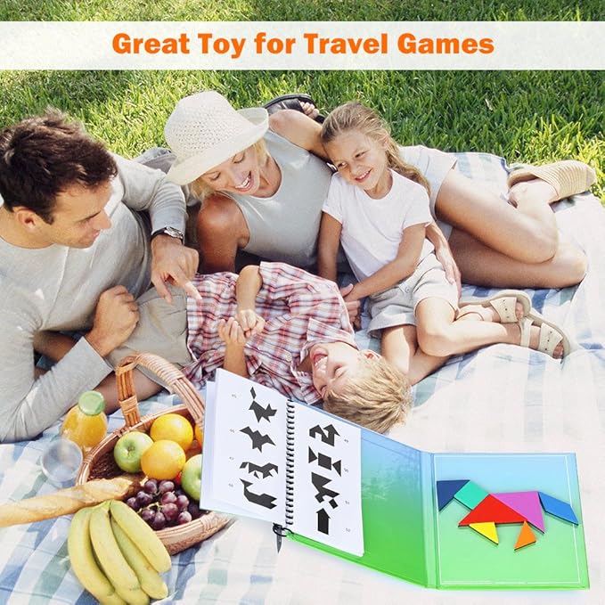 Travel Tangram Puzzle - Magnetic Pattern Block Book Road Trip Game Jigsaw Shapes for Kids Adult Challenge IQ Educational Toy Gift Brain Teasers-2 Set of Tangrams