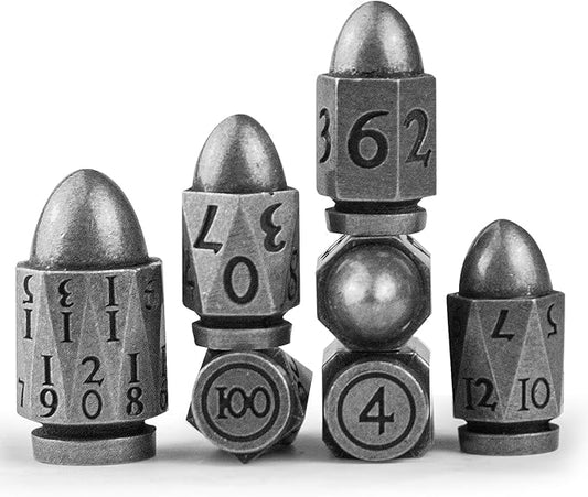 Bullet Dice Set - 36MM Large D20 for Dungeons and Dragons, 7PC Role Playing Game Dice With Cyberpunk Theme for Warhammer War Crime (Antique Silver)