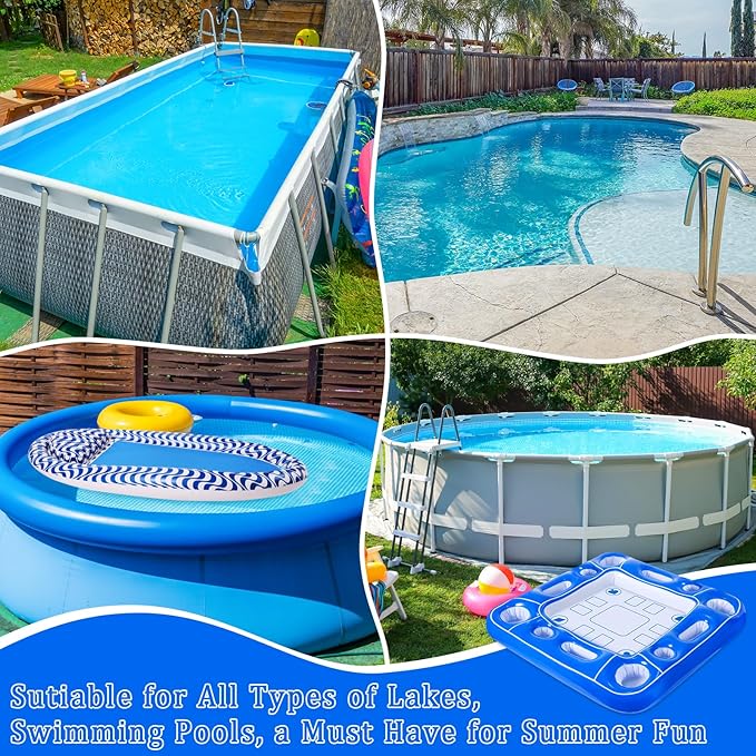Pool Inflatable Game Table with Waterproof Playing Cards(35.5 inches×35.5 inches,Blue/White)