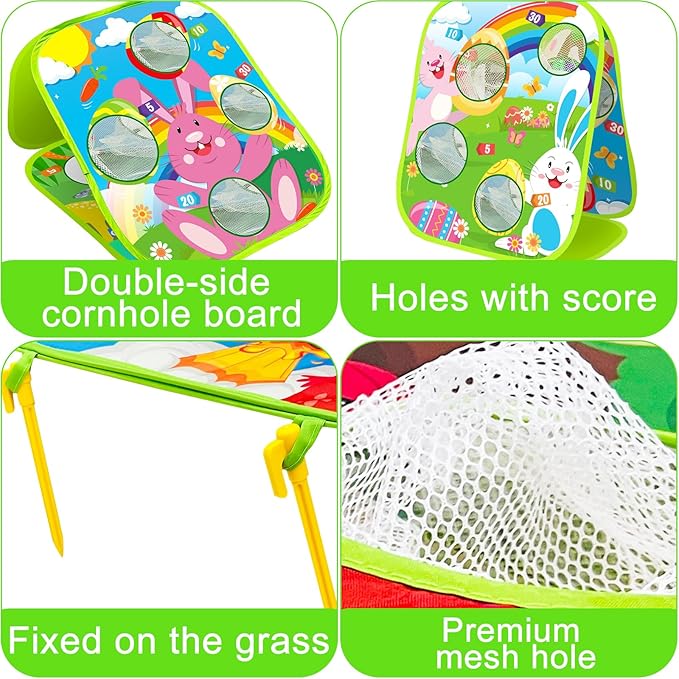 AMENON Carnival Bean Bag Toss Outdoor Games, Double Sided Bunny Eggs Cornhole Board, Easter Carnival Games for Kids Toddler Family Lawn Party Birthday Cornhole Toy with 6 Bean Bag & 4 Stake