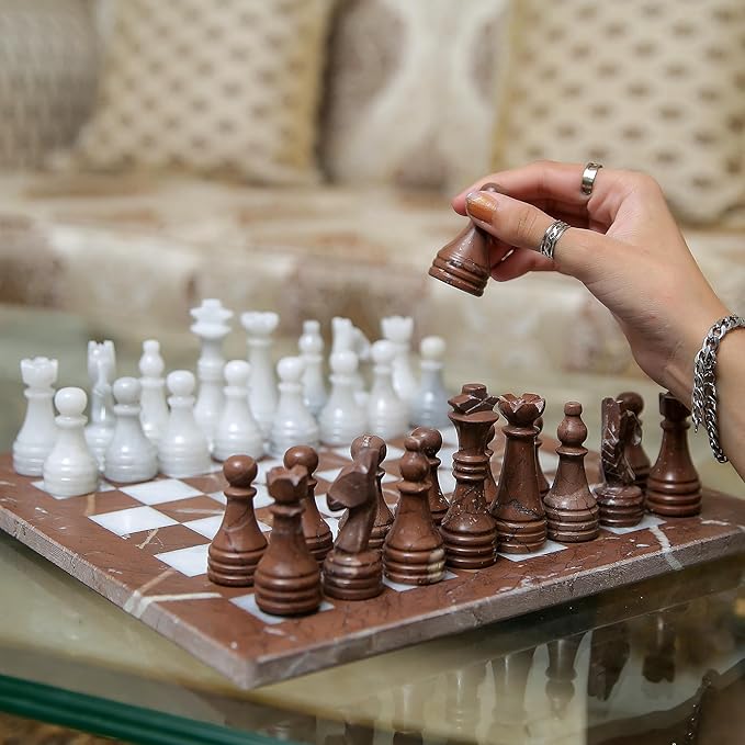 15 Inch Luxury Chess Set Classic Chess Boards for Adults with Handcrafted Stone Board & Marble Chess Pieces Ideal for Home Decor (Marina & White)