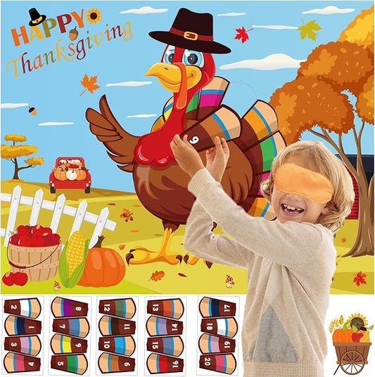 Thanksgiving Games for Kids Pin The Tail On The Turkey with 20pcs Turkey Tails Stickers Turkey Games for Kids Thanksgiving Party Activities Favors Fall Festival Games Friendsgiving Party Games