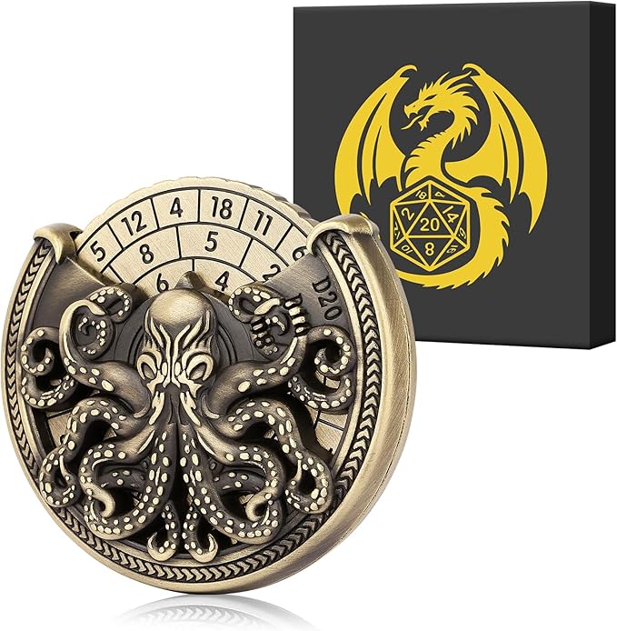 Spinner DND Dice Set, 7-in-1 Metallic D&D Dice, Octopus Roulette Dice Spinner for DND Dice Set, D&D Gifts with Gift Box, Father's Day, Role Playing Game Board Game Accessories, Bronze