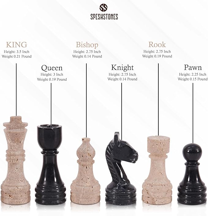 Marble Chess Pieces 3.5 Inch Travertine and Black Stone Figures for Classic Chess and Checkers Board Games Accessories, Ideal Travel Set & Strategy Play for Adults and Family